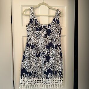 Lilly Pulitzer navy/zebra pattern shirt dress with fringe.  Size 6; like new.